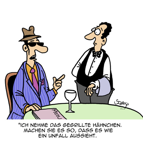 Cartoon: Unfall (medium) by Karsten Schley tagged mafia,kriminalität,geflügel,essen,ernährung,business,gastronomie,restaurants,restaurants,gastronomie,business,ernährung,essen,geflügel,kriminalität,mafia