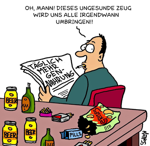 Cartoon: Ungesund (medium) by Karsten Schley tagged ernährung,genfood,gesundheit,alkohol,zigaretten,drogen,rauchverbot,gesellschaft,ernährung,genfood,gesundheit,alkohol,zigaretten,drogen,gesellschaft