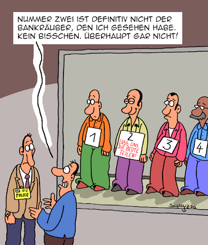 Cartoon: Unschuldig! (medium) by Karsten Schley tagged kriminalität,justiz,polizei,raub,schuld,unschuld,zeugen,zeugenaussagen,gegenüberstellungen,gesetze,beute,geld,kriminalität,justiz,polizei,raub,schuld,unschuld,zeugen,zeugenaussagen,gegenüberstellungen,gesetze,beute,geld