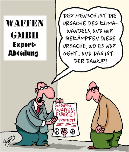 Cartoon: Ursachenbekämpfung (medium) by Karsten Schley tagged waffenexporte,politik,klimawandel,kriege,wirtschaft,business,profite,kapitalismus,waffenexporte,politik,klimawandel,kriege,wirtschaft,business,profite,kapitalismus