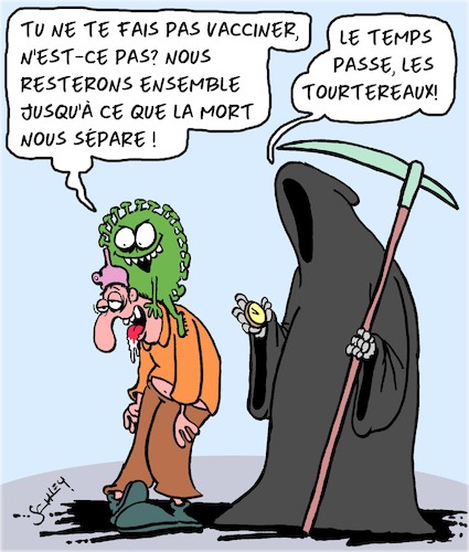 Cartoon: Vaccination (medium) by Karsten Schley tagged covid19,coronavirus,vaccination,sante,politique,mort,opposants,societe,covid19,coronavirus,vaccination,sante,politique,mort,opposants,societe