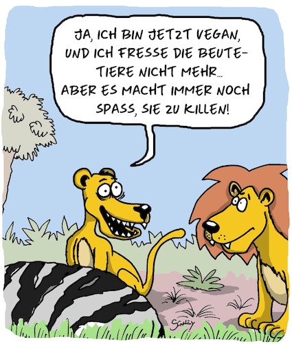 Cartoon: Vegane Ernährung (medium) by Karsten Schley tagged veganer,ernährung,wildnis,natur,tiere,beute,mode,gesundheit,gesellschaft,veganer,ernährung,wildnis,natur,tiere,beute,mode,gesundheit,gesellschaft