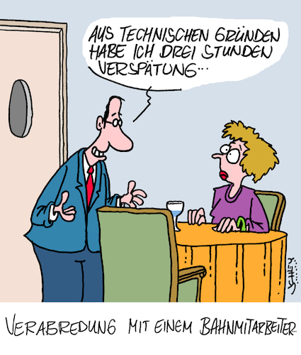 Cartoon: Verabredung (medium) by Karsten Schley tagged männer,frauen,beziehungen,verabredungen,dating,restaurants,jobs,bahn,verspätungen,pünktlichkeit,gesellschaft,transport,deutschland,männer,frauen,beziehungen,verabredungen,dating,restaurants,jobs,bahn,verspätungen,pünktlichkeit,gesellschaft,transport,deutschland