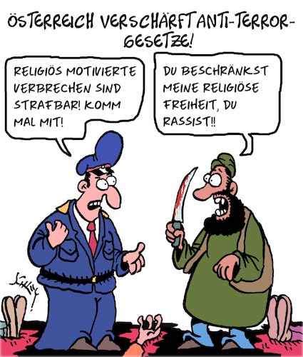 Cartoon: Verschärfte Gesetze (medium) by Karsten Schley tagged religion,österreich,terrorismus,gesetze,kriminalität,strafrecht,gesellschaft,sicherheit,religion,österreich,terrorismus,gesetze,kriminalität,strafrecht,gesellschaft,sicherheit