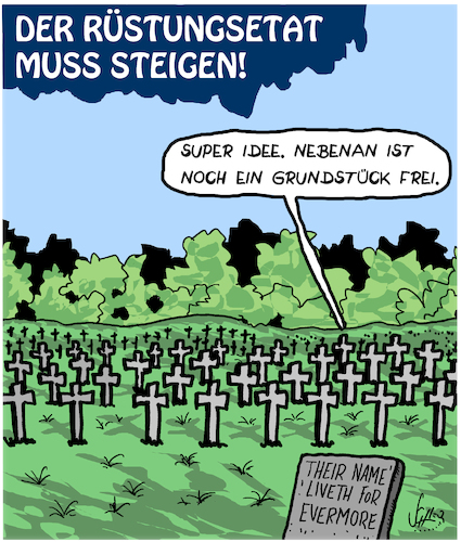 Cartoon: Verteidigung (medium) by Karsten Schley tagged verteidigungshaushalt,geld,politiker,waffenlobby,industrie,nato,militär,tod,gesellschaft,krieg,verteidigungshaushalt,geld,politiker,waffenlobby,industrie,nato,militär,tod,gesellschaft,krieg