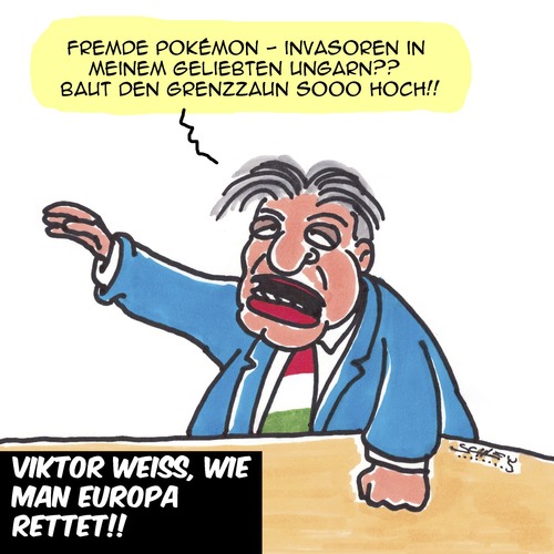 Cartoon: Viktor der Retter (medium) by Karsten Schley tagged ungarn,viktor,orban,grenzzäune,flüchtilinge,demokratie,nationalismus,populismus,europa,ungarn,viktor,orban,grenzzäune,flüchtilinge,demokratie,nationalismus,populismus,europa