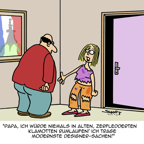 Cartoon: Voll modern!! (medium) by Karsten Schley tagged kleidung,kultur,mode,fashion,designer,jugend,familie,eltern,kinder,jugendkultur,kleidung,kultur,mode,fashion,designer,jugend,familie,eltern,kinder,jugendkultur