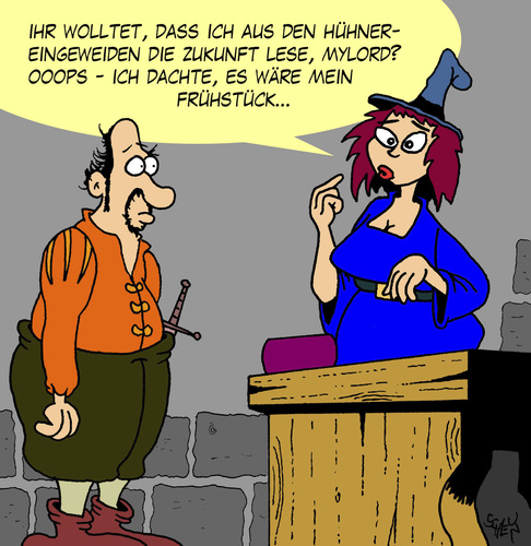 Cartoon: Vorhersage (medium) by Karsten Schley tagged zukunft,prognose,wirtschaft,business,trends,vorhersage,frühstück,männer,frauen,prognose,wirtschaft,trends,business,vorhersage,frühstück,männer,frauen