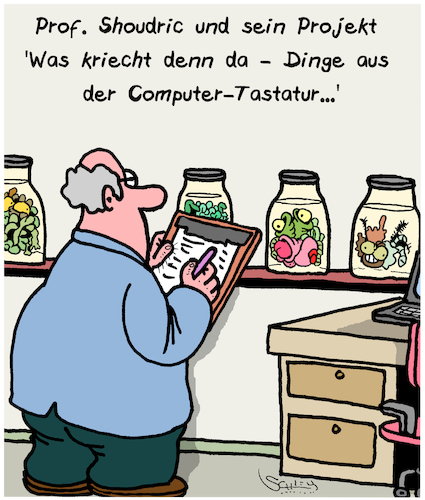 Cartoon: Was kriecht denn da? (medium) by Karsten Schley tagged wissenschaft,forschung,lebensformen,aliens,tastaturen,computer,ordnung,sauberkeit,technik,wissenschaftler,studium,labore,universitäten,wissenschaft,forschung,lebensformen,aliens,tastaturen,computer,ordnung,sauberkeit,technik,wissenschaftler,studium,labore,universitäten