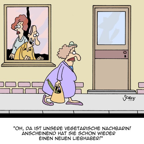 Cartoon: Was sollen die Nachbarn denken?? (medium) by Karsten Schley tagged gesundheit,ernährung,essen,vegetarier,nachbarn,nachbarschaft,gesellschaft,deutschland,tratsch,gesundheit,ernährung,essen,vegetarier,nachbarn,nachbarschaft,gesellschaft,deutschland,tratsch