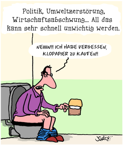 Cartoon: Was wirklich wichtig ist... (medium) by Karsten Schley tagged politik,umweltzerstörung,wirtschaft,ernährung,verdauung,shopping,vergesslichkeit,wichtigkeit,gesellschaft,politik,umweltzerstörung,wirtschaft,ernährung,verdauung,shopping,vergesslichkeit,wichtigkeit,gesellschaft