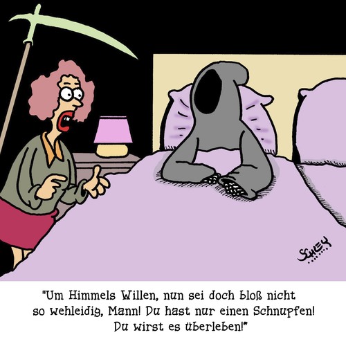 Cartoon: Wehleidig (medium) by Karsten Schley tagged männer,frauen,gesundheit,wehleidugkeit,familien,liebe,beziehungen,leben,tod,männer,frauen,gesundheit,wehleidugkeit,familien,liebe,beziehungen,leben,tod