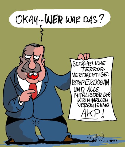 Cartoon: WER? (medium) by Karsten Schley tagged terror,erdogan,verdächtige,türkei,politik,akp,politiker,willkür,diktatur,europa,erpressung,demokratie,justiz,terror,erdogan,verdächtige,türkei,politik,akp,politiker,willkür,diktatur,europa,erpressung,demokratie,justiz