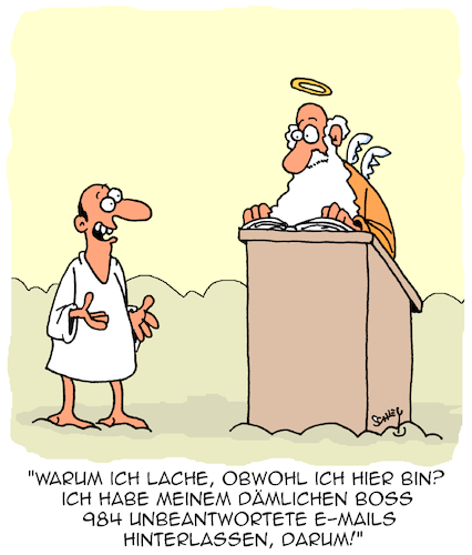 Cartoon: Wer zuletzt lacht (medium) by Karsten Schley tagged leben,tod,jenseits,management,emails,arbeitnehmer,arbeitgeber,workload,wirtschaft,business,gesellschaft,leben,tod,jenseits,management,emails,arbeitnehmer,arbeitgeber,workload,wirtschaft,business,gesellschaft