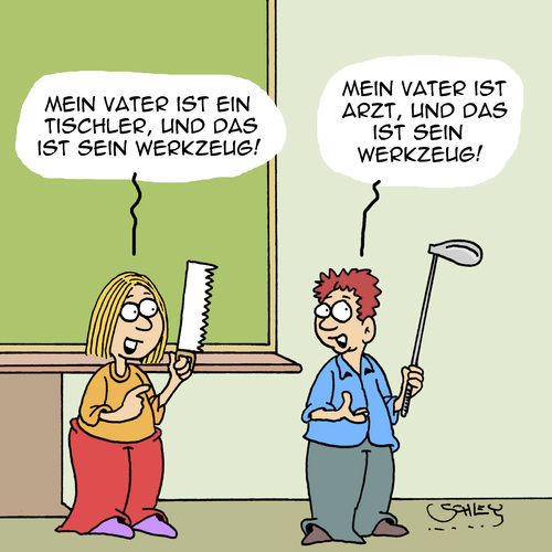 Cartoon: Werkzeug (medium) by Karsten Schley tagged schule,kinder,jugend,eltern,schüler,berufe,ärzte,sport,golf,wirtschaft,business,jobs,schule,kinder,jugend,eltern,schüler,berufe,ärzte,sport,golf,wirtschaft,business,jobs