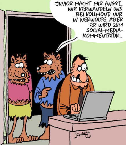 Cartoon: Werwölfe (medium) by Karsten Schley tagged social,media,facebook,instagram,twitter,extremismus,hass,populismus,medien,computer,technik,internet,gesellschaft,social,media,facebook,instagram,twitter,extremismus,hass,populismus,medien,computer,technik,internet,gesellschaft