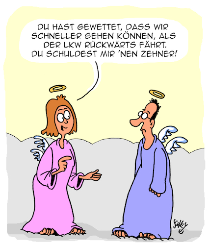 Cartoon: Wetten dass...?! (medium) by Karsten Schley tagged fußgänger,lkw,verkehr,unfälle,dummheit,verkehrstote,wetten,gesellschaft,fußgänger,lkw,verkehr,unfälle,dummheit,verkehrstote,wetten,gesellschaft