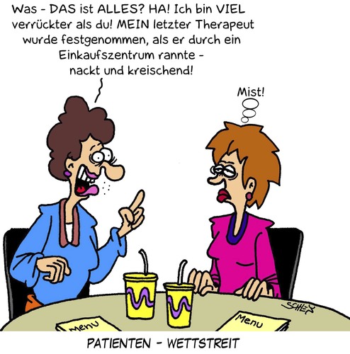 Cartoon: Wettstreit (medium) by Karsten Schley tagged gesundheit,therapie,therapeuten,wettstreit,wettkampf,sport,frauen,gesundheit,therapie,therapeuten,wettstreit,wettkampf,sport,frauen