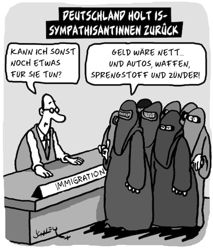 Cartoon: Willkommen zuhause! (medium) by Karsten Schley tagged is,terrorismus,politik,einwanderung,sicherheit,justiz,deutschland,gesellschaft,is,terrorismus,politik,einwanderung,sicherheit,justiz,deutschland,gesellschaft