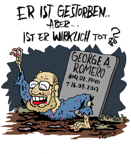 Cartoon: WIRKLICH tot? (medium) by Karsten Schley tagged george,romero,zombies,filme,hollywood,kunst,monster,horror,kult,regisseure,kultur,george,romero,zombies,filme,hollywood,kunst,monster,horror,kult,regisseure,kultur