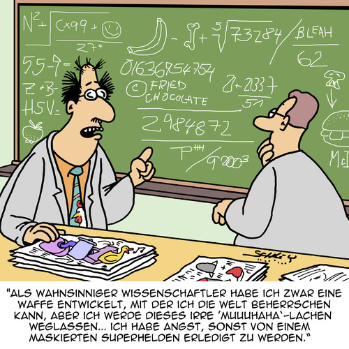 Cartoon: Wissenschaft und Forschung (medium) by Karsten Schley tagged forschung,wissenschaft,weltherrschaft,wissenschaftler,waffen,superhelden,comics,filme,unterhaltung,wissenschaft,forschung,weltherrschaft,wissenschaftler,waffen,superhelden,comics,filme,unterhaltung