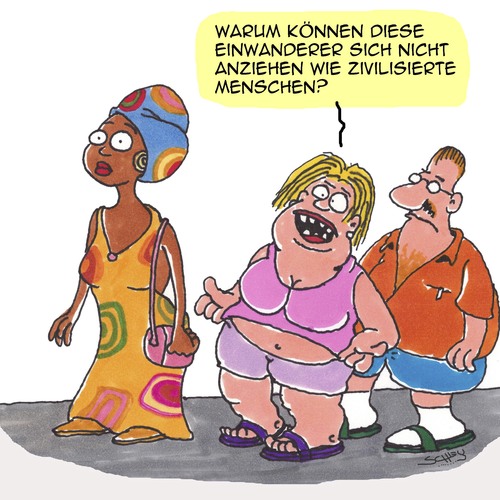 Cartoon: Zivilisiert (medium) by Karsten Schley tagged einwanderer,flüchtlinge,mode,politik,demokratie,anpassung,toleranz,gesellschaft,kleidung,einwanderer,flüchtlinge,mode,politik,demokratie,anpassung,toleranz,gesellschaft,kleidung