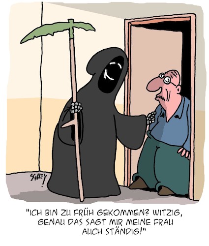 Cartoon: Zu früh! (medium) by Karsten Schley tagged tod,leben,ehe,beziehungen,männer,frauen,liebe,alter,gesellschaft,tod,leben,ehe,beziehungen,männer,frauen,liebe,sex,alter,gesellschaft