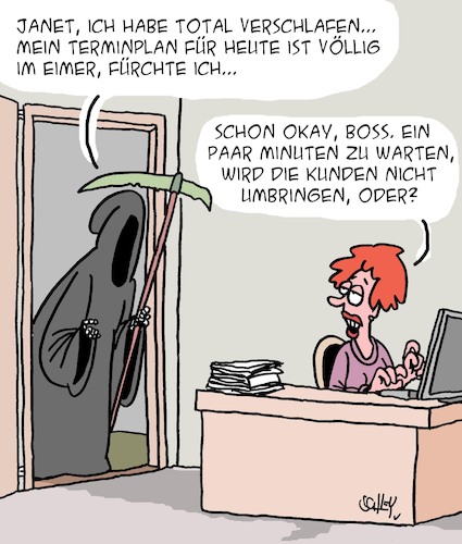 Cartoon: Zu spät (medium) by Karsten Schley tagged termine,zeit,kunden,leben,tod,business,jobs,pünktlichkeit,gesellschaft,termine,zeit,kunden,leben,tod,business,jobs,pünktlichkeit,gesellschaft