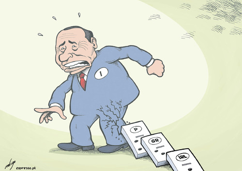Cartoon: Berluscollapse (medium) by rodrigo tagged italy,berlusconi,crisis,resignation,portugal,ireland,greece,eu,europe,european,union