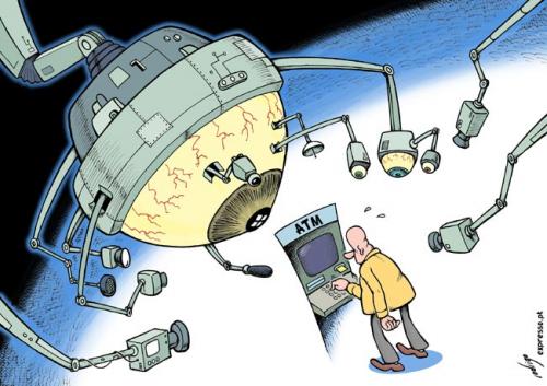 Cartoon: Big Brother is watching us (medium) by rodrigo tagged atm,surveillance,security,cam,camera,record,crime,police,democracy,freedom