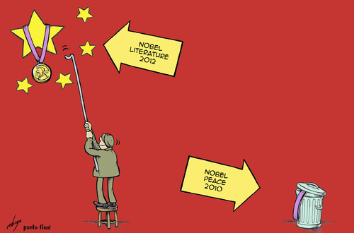 Cartoon: Literature Nobel for Mo Yan (medium) by rodrigo tagged xiaobo,liu,yan,mo,2010,2012,prize,peace,literature,nobel,china