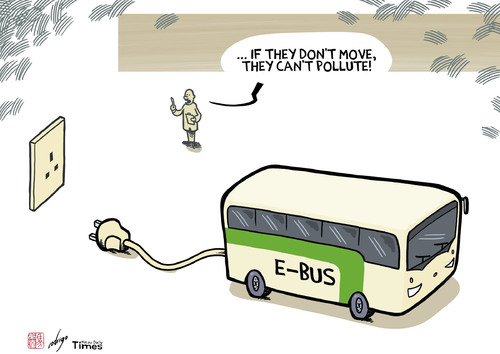 Cartoon: Cities not prepared for e-buses (medium) by rodrigo tagged electric,vehicles,hybrid,buses,transport,cities,public,urban