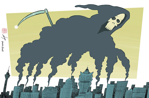 Cartoon: Deadly pollution (medium) by rodrigo tagged air,pollution,environment,grim,reaper,earth,cities,urban,smoke