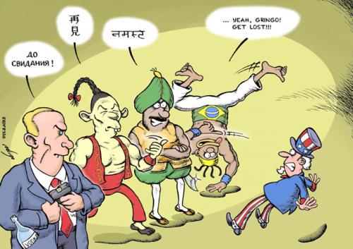 Cartoon: Emerging economies (medium) by rodrigo tagged usa,us,russia,china,india,brazil,emerging,economies,summit
