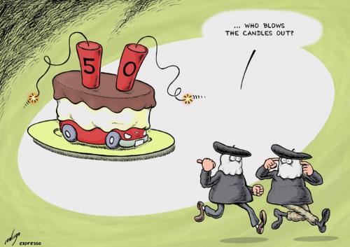 Cartoon: Eta 50th Anniversary (medium) by rodrigo tagged eta,terrorism,spain,terrorist,attack,bomb,basque
