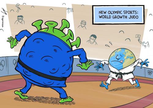 Cartoon: Global combat (medium) by rodrigo tagged global,world,economy,imf,growth,international,politics,covid19,pandemic,coronavirus,olympics,games,sport,judo,tokyo,japan
