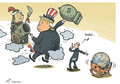 Cartoon: Global fragility (medium) by rodrigo tagged world,economy,recovery,global,gdp,growth,trump,xi,jinping,china,us,usa,united,states,trade,war,tariffs