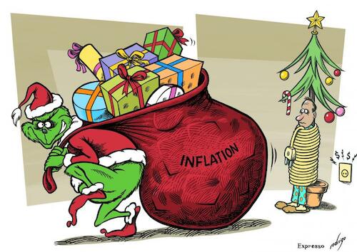 Cartoon: Grinch Stole Purchasing Power (medium) by rodrigo tagged inflation,shoppers,christmas,purchasing,power,households,energy,bills,electricity,economy,finance,business,families,grinch
