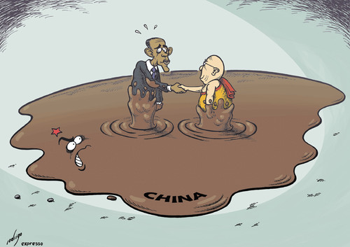 Cartoon: Muddy Sino-American relations (medium) by rodrigo tagged us,usa,obama,dalai,lama,beijing,china,tibet,diplomacy,international,relations,business,democracy