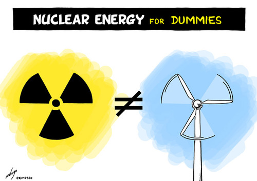 Cartoon: Nuclear versus green power (medium) by rodrigo tagged nuclear,energy,power,plant,eolic,natural,green,renewable,source,electric,solar,biofuel,biodiesel,global,warming