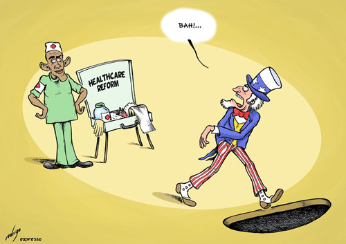 Cartoon: Obamacare (medium) by rodrigo tagged barack,obama,us,usa,president,white,house,healthcare,obamacare,health,insurance