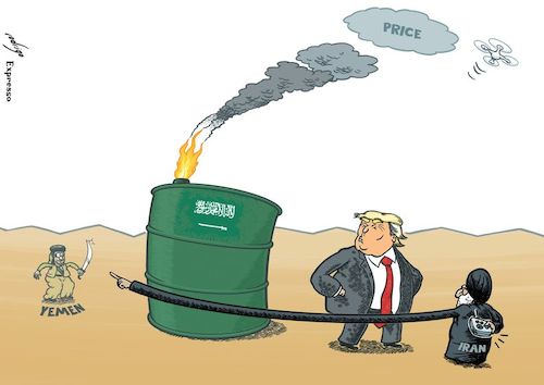 Cartoon: Oil Bombardronement (medium) by rodrigo tagged saudi,arabia,usa,iran,yemen,oil,bombardment,attack,military,war,energy,petrol,fuel,drone,bomb,politics,international,middle,east,persian,gulf