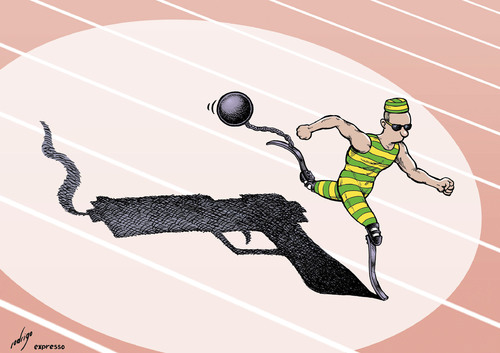 Cartoon: Pistolius (medium) by rodrigo tagged south,africa,oscar,pistorius,athlete,olympic,homicide,jail,prison,murder