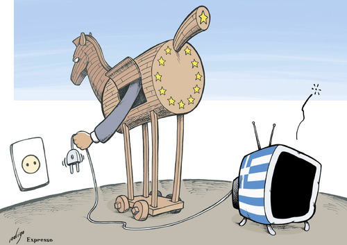 Cartoon: Shut up Greek TV (medium) by rodrigo tagged greece,public,television,tv,european,union,troika,ecb,ec,imf,media