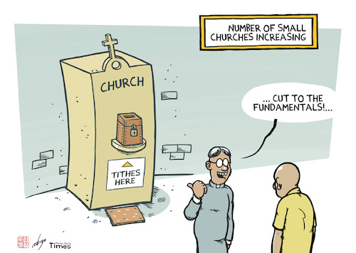 Cartoon: Small churches (medium) by rodrigo tagged religion,business,church,temple,christian,priest,preacher,god