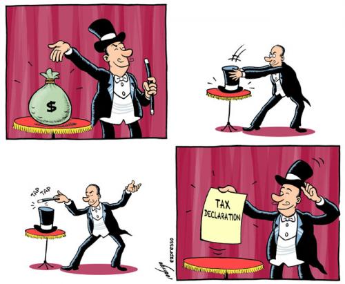 Cartoon: Tax magic (medium) by rodrigo tagged taxes,declaration,money,magician,magic,fraud,evasion