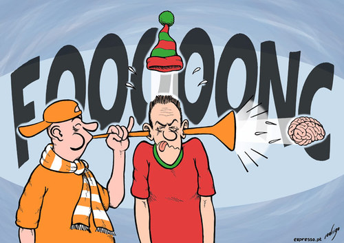 Cartoon: Vuvuzelocaust (medium) by rodrigo tagged world,cup,soccer,south,africa,2010,vuvuzela,pollution,noise,tv,supporter,fan,sport,stadium