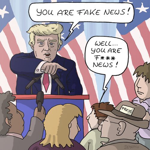 Cartoon: Trump you are fake news (medium) by Rainer Demattio tagged amerika,donald,trump,dumm,dummheit,fakt,fakten,fernsehen,fuck,lüge,lügen,nachrichten,politik,politiker,präsident,reporter,scheiße,zeitung