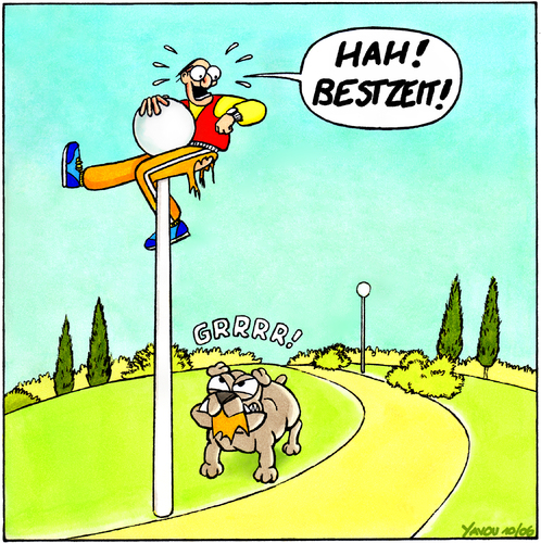 Cartoon: Bestzeit (medium) by Yavou tagged sport,sportler,joggen,jogger,park,hund,töle,bissig,laufen,rennen,marathon,sprinten,tier,tiere,hunde,wettkampf,wettbewerb,fitness