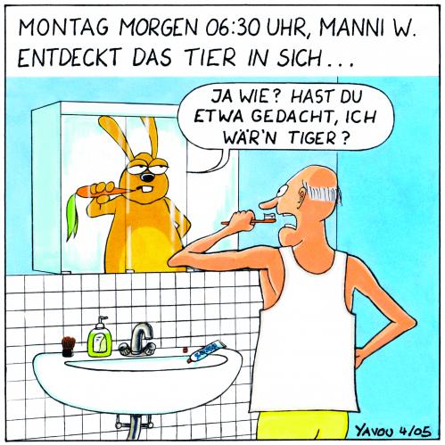 Cartoon: Das Tier (medium) by Yavou tagged yavou,cartoon,kartunz,mirror,sink,waschbecken,bad,maennlichkeit,mann,spiegel,zaehneputzen,zahnbuerste,toothbrush,bunny,rabbit,animal,tier,osterhase,easter,ostern,ostern,osterhase,bad,zähneputzen,hase,tier,tiere,karotte,spiegelbild,toilette,morgens,tiger,tier im mann,selbsterkenntnis,im,mann